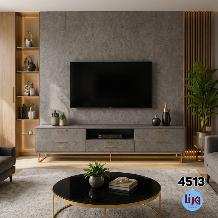 فضای دکوراسیون مدرن با سطوح پوشیده شده از برچسب طرح بتن پتینهای طوسی کد 4513 در ترکیب با طلایی و مشکی