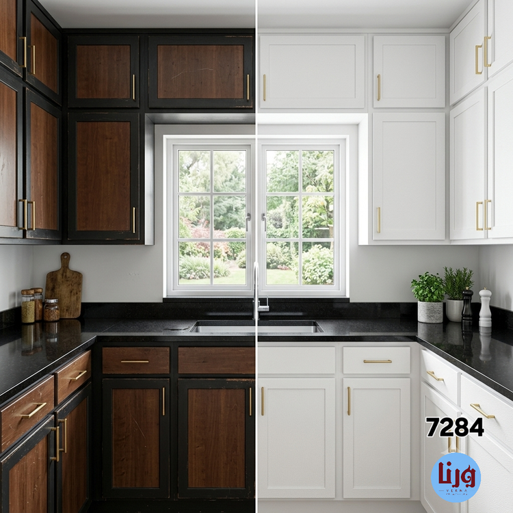 مقایسه قبل و بعد نوسازی کابینت آشپزخانه با برچسب چرم سفید کد 7284