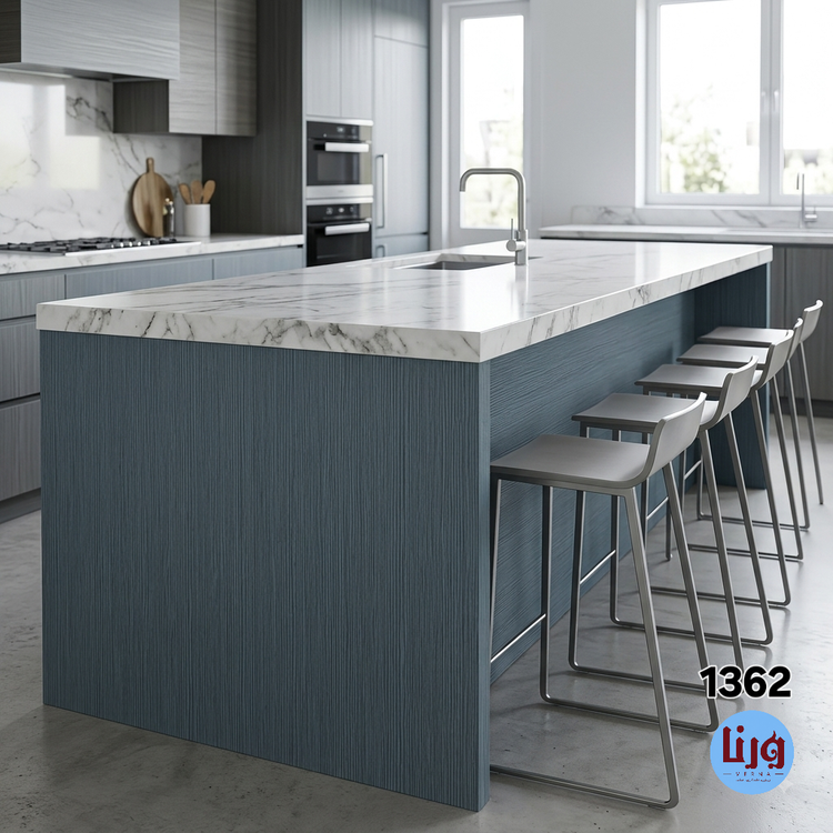 اجرای برچسب طرح چوب طوسی آبی کد 1362 روی جزیره آشپزخانه