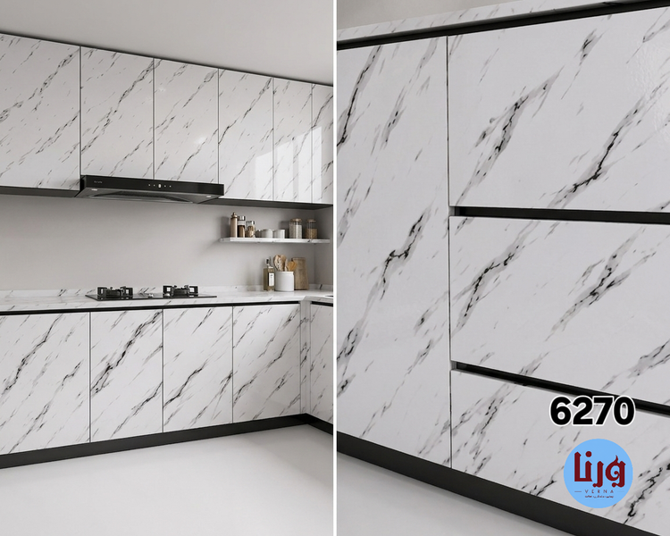 برچسب کابینت طرح سنگ هایگلاس سفید با رگه مشکی کد 6270 | عرض 90 سانتیمتر