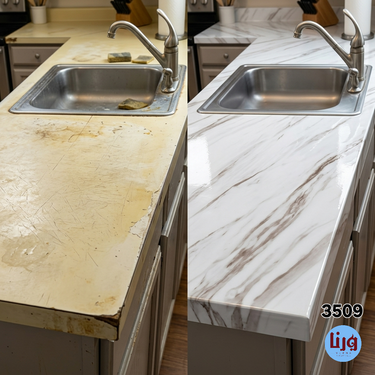 قبل و بعد تغییر شگفت انگیز صفحه کابینت با برچسب طرح سنگ ماربل ورنا