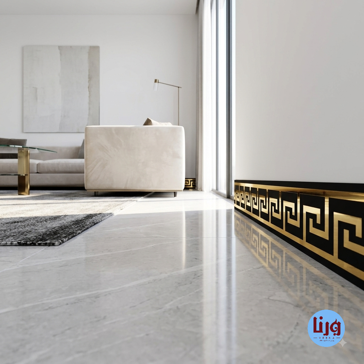 اجرای برچسب قرنیز ورساچه طلایی مشکی ورنا در پذیرایی با کفپوش سنگ