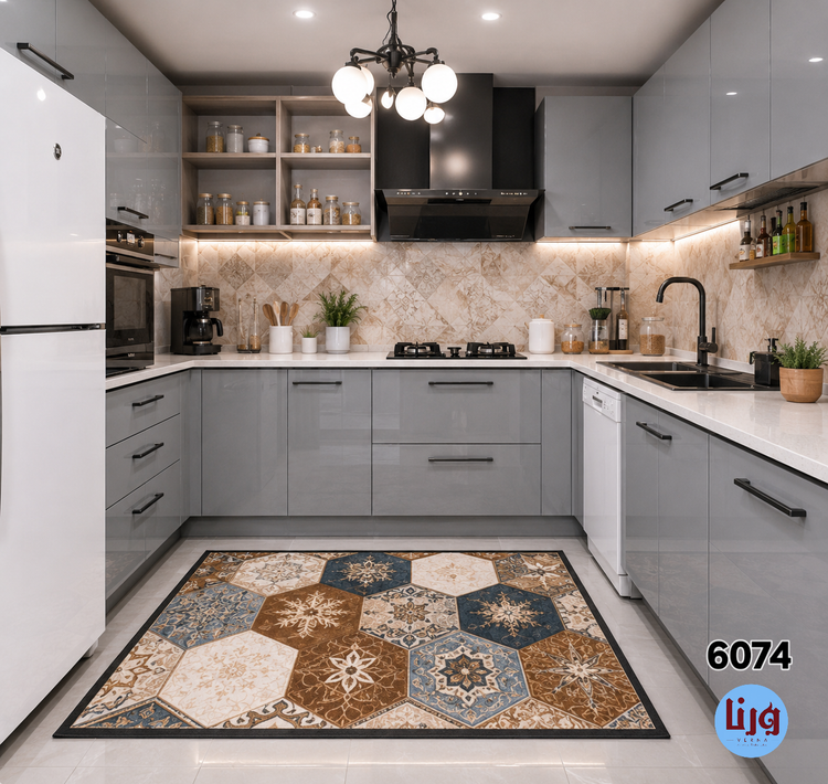 نمای واقعی اجرای برچسب طوسی براق کد 6074 کابینت های آشپزخانه