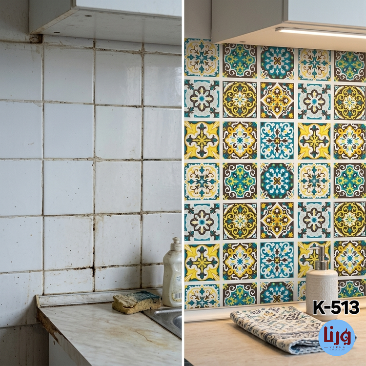 قبل و بعد نوسازی کاشی بین کابینتی با برچسب خودچسب طرح کاشی سنتی