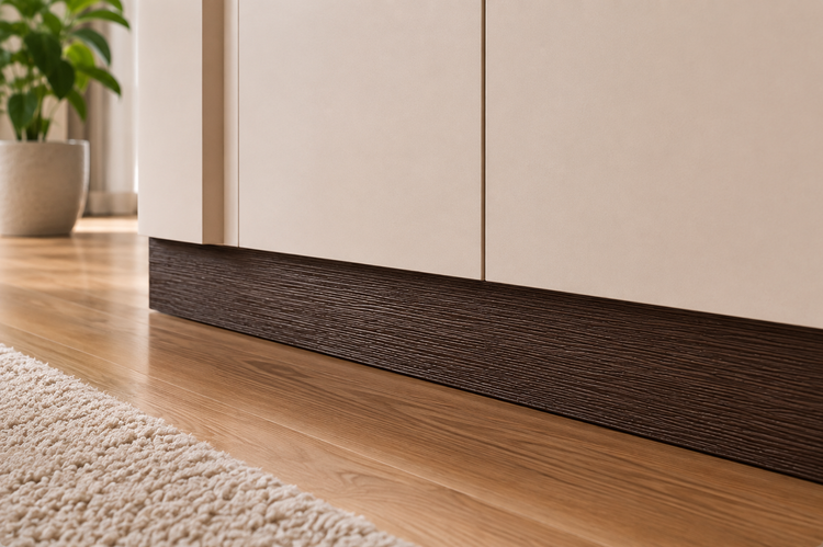 استفاده از برچسب قرنیزی طرح چوب برای پوشش پایین کابینت و هماهنگی با دکوراسیون داخلی