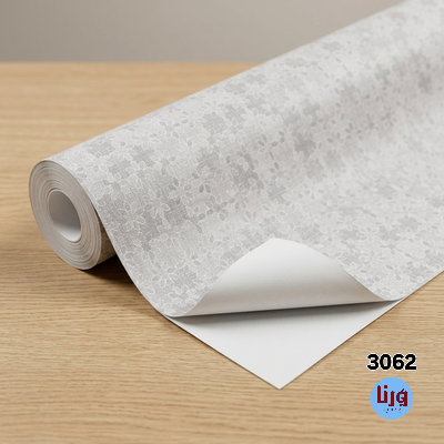 نمای نزدیک استودیویی از رول برچسب بین کابینتی طوسی 3062 و لایه زیرین چسب سفید