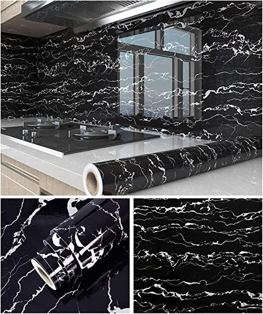 برچسب کابینت و دیوارپوش طرح سنگ مرمر مشکی رگه سفید هایگلاس (کد 3498) - عرض 60 سانتیمتر