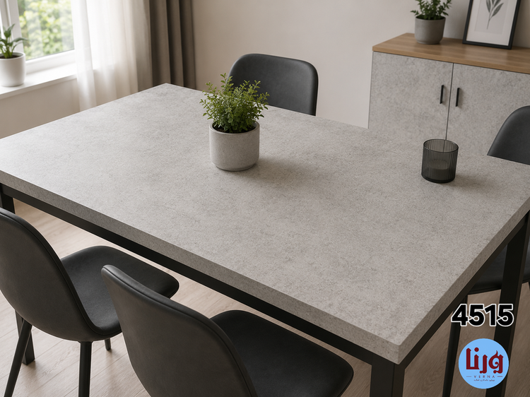 اجرای برچسب کابینت طرح بتن طوسی روشن روی میز و سطح دکوراتیو