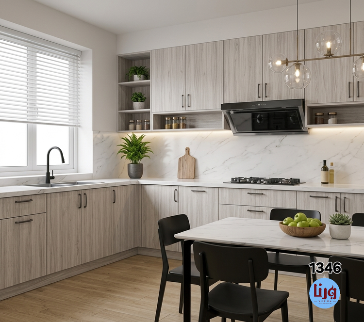 نمای اجرای برچسب طرح چوب کد 1345 طوسی کرم روی کابینت آشپزخانه لوکس