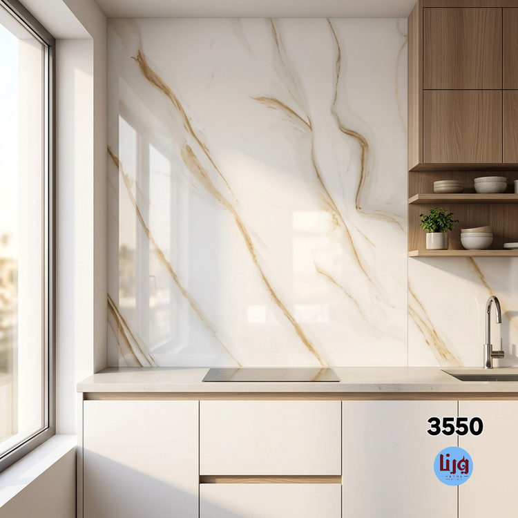 پوشش دیوار بین کابینتی با برچسب سنگ مرمر سفید رگه طلایی کد 3550