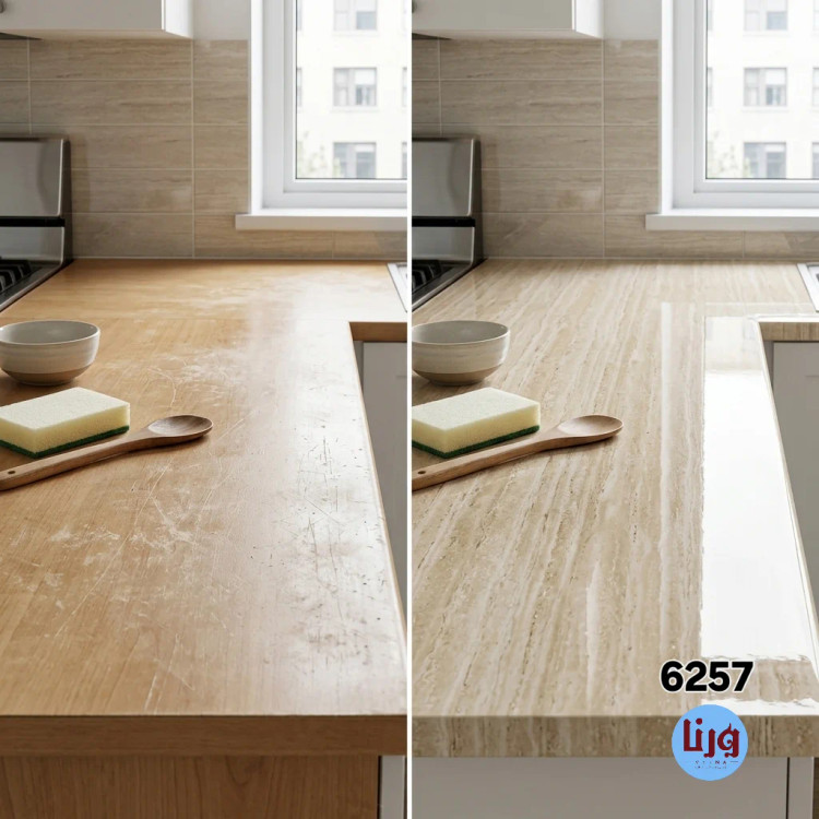 تصویر قبل و بعد بازسازی صفحه کابینت با برچسب سنگ تراورتن کرم ورنا