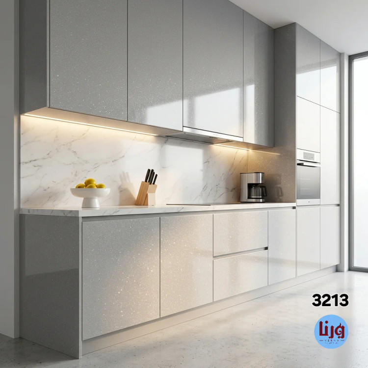 بازسازی کابینت آشپزخانه با برچسب طوسی هایگلس اکلیلی کد 3213 ورنا