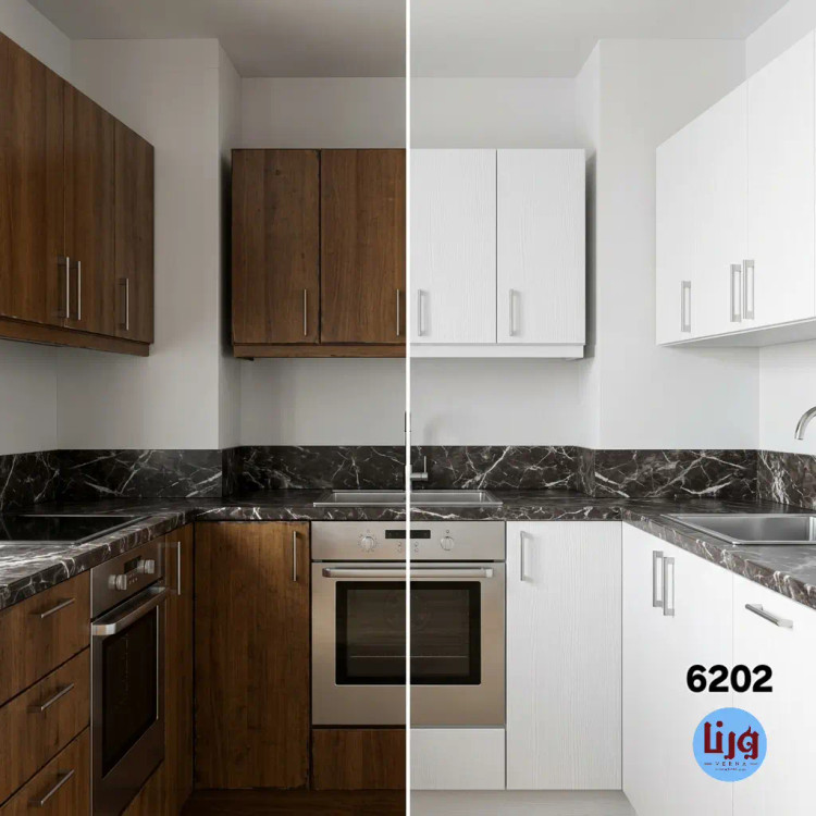 مقایسه قبل و بعد بازسازی کابینت با برچسب طرح چوب سفید کد 6202