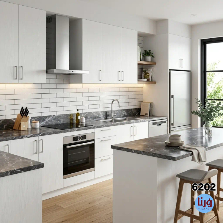 کاور کابینت با برچسب طرح چوب سفید یورودکور کد 6202 و صفحه سنگ تیره