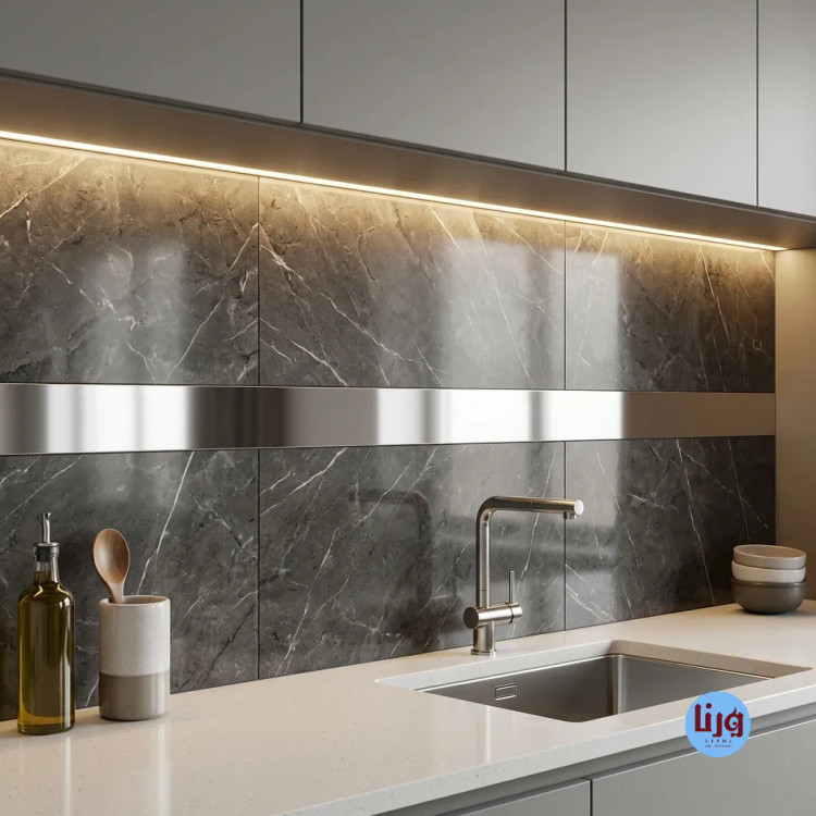 نصب برچسب نواری عرض ۱۰ سانت روی دیوار بین کابینتی